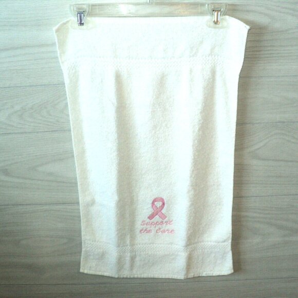 Breast Cancer Survivor Ribbon Embroidered Support the Cure White Hand Towel - Picture 3 of 4
